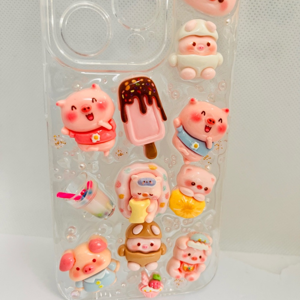 Cute Kawaii Pig 3D Decoden Clear Phone Case - Pink Accents Handmade - Picture 7 of 7